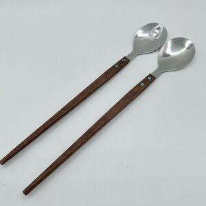 Vintage Serving Fork Spork Spoon Hankyu Japan Stainless Long Wood Handle Pair